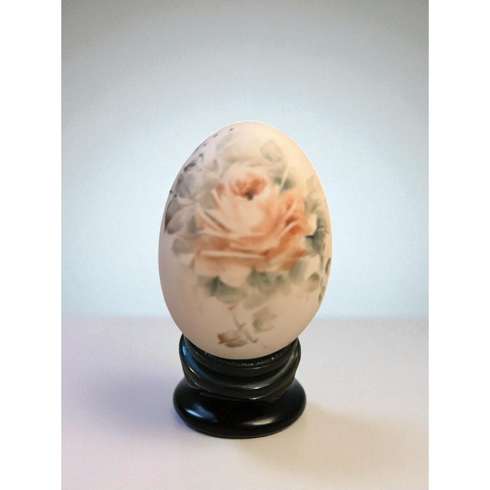Vtg Hand Painted Porcelain Egg With Pink Roses Wooden Pegged Stand Artist Signed